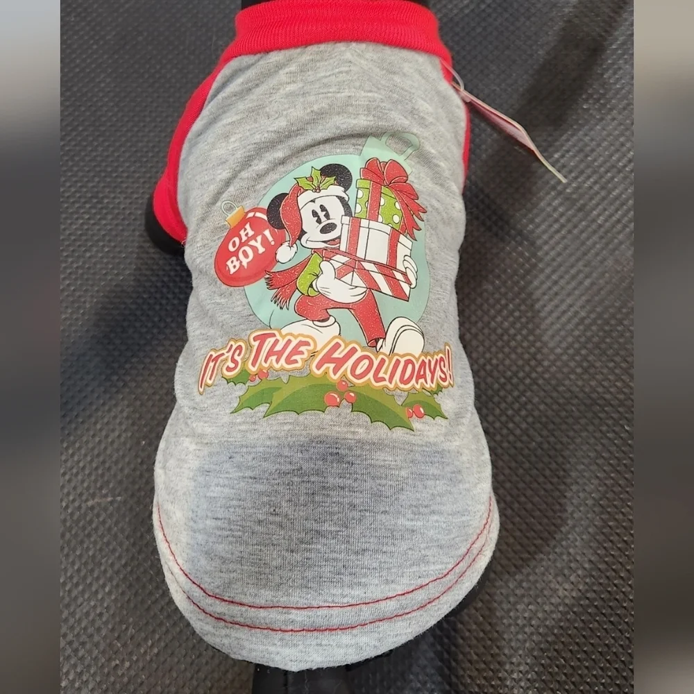 Disney Mickey Mouse Festive Red Gray Dog Christmsd Tee - Picture 2 of 2